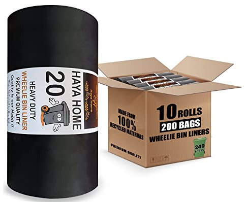 Wheelie Bin Liners 240L by Haya Home – 200 Extra Strong Black Refuse Sacks | Heavy Duty Trash Bags for Garden, Kitchen, Home, Office, Industrial, Outdoor, Commercial Use | 100% Recycled Material