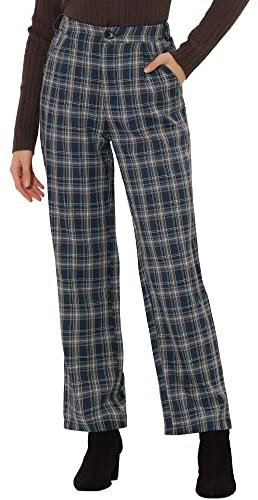 Allegra K Damen Plaid Hose Elastische Taille Freizeit Arbeit Büro Lange Hose, Dunkelblau, Beige, Groß
