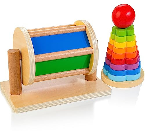 JUSTWOOD Montessori Spinntrommel aus Holz Stapelspielzeug für Säugling 6-12 Monate Regenbogenstapler Spinning Drum Lernspielzeug für Kleinkinder Geschenk für Baby Jungen Mädchen ab 1 Jahr