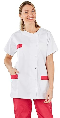 Hurry Jump Tunique de Travail Medical Soins Domicile Col Rond 3 Poches Sergé Blanc Finition Fushia 3 Poches T6