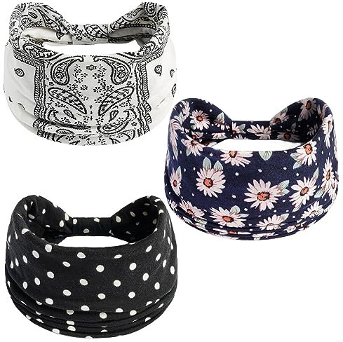 scicent Haarreifen Damen 3 Stück Stirnbänder Haarreifen Breite Boho Blumendruck Knot Yoga Sport Haarbänder Elastische Haarschmuck Mehrfarbig Weiche Turbane für Frauen - 13529