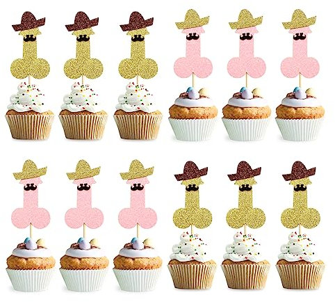 Daimay 12 Stück Bachelorette Party Cupcake Topper Mini Hut Schnurrbart Glitzer Bachelor Party Kuchen Topper Tortenstecker Kuchendeko Tortenaufsatz für Mädchen Brautparty Geburtstag Hen Party Deko