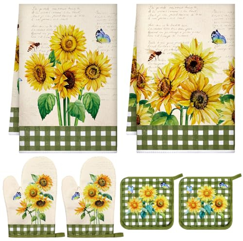 Leinuosen 6 Retro Sunflower Kitchen Towels Oven Mitts and Pot Holders Sets | Floral Plant Kitchen Decor and Accessories, Farmhouse Absorbent Dish Towels, Hand Tea Dishcloths for Cooking Baking Grilling