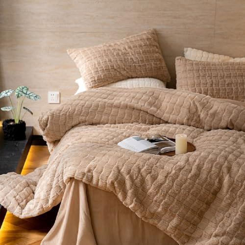 Sedefen Plüsch Bettwäsche 135x200cm Khaki Winter Warme Kunstfell Flanell Winterbettwäsche Flauschig Shaggy Biber Geometrisch Bettbezug und 1 Kissenbezug 80x80cm mit Reißverschluss