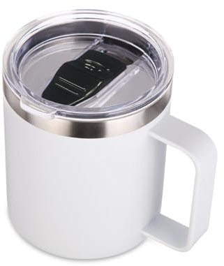 Volhoply 14oz Insulated Stainless Steel Coffee Mug with Leakproof Lid,Double Wall Vacuum Travel Coffee Cup with Handle,Reusable Metal Tumbler,Camping Mugs Keep Hot/Cold,Christmas Gifts(White,1