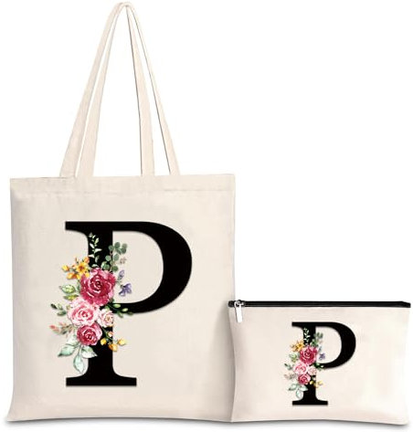 Letras Personalizadas Tote, Bolso Tote de Mujer con Inicial y Flores Bolsa de Compras con Bolsillo Interior, Alfabeto Bolso de Cosméticos Regalos para Damas Amigas Mamá Regalo de Cumpleaños Boda (P)