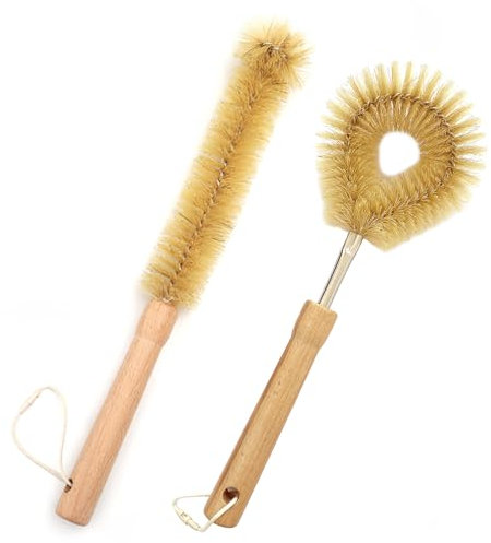 UPTALY 1 brosse à bouteille fine de 32 cm, 1 brosse à vaisselle en poils de 28 cm, manche en bois de hêtre, avec manche en acier inoxydable de 9 mm, pour bouteille à col étroit, bouteille d'eau, tasse