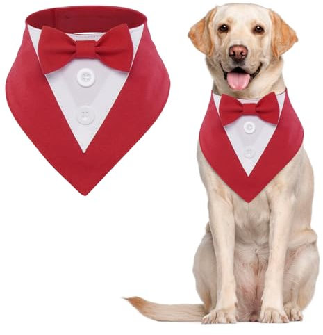 MHaustlie Hunde Smoking Bandana, Haustier Dreieck Schal, Formale Hochzeit Party Hundehalstuch, Verstellbar Krawatte Haustier Anzug Fliege Bandana für Hochzeit Geburtstag (L, Rot)