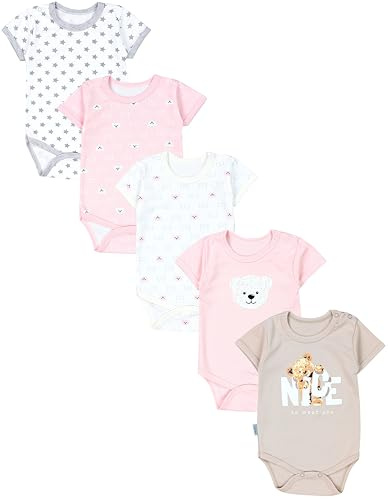 TupTam Baby Body Mädchen 5er Pack – Kurzarm Body Baby aus Baumwolle, Ideal für Sommer und Alltag, Farbe: Bärchen Rosa Weiß Sterne Grau Nice Teddy Beige, Größe: 104