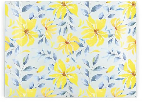 Glass Kitchen Chopping Board - Yellow Flowers Rectangular Large Worktop Protector - Smooth Board Kitchen Cutting Board Worktop Saver with Non-Slip Feet 39cm x 28.5cm (15 x 11)
