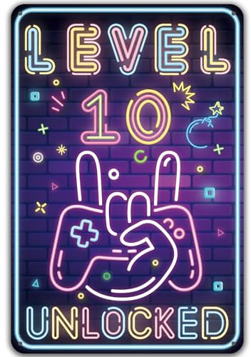 Blechschild 10.Geburtstag, Level 10 UNLOCKED Türschild Kinderzimmer, 10 Jahre Geburtstag Deko, lustiges Geburtstagsschild 10, Gamer Geburtstagskarte 10 Metallschild Geschenk für Junge Mädchen Zocker