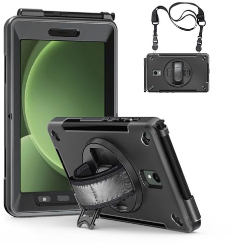 Junfire Custodia per Samsung Galaxy Tab Active 5/Active 3 da 8 pollici 2024/2020, robusta custodia antiurto con cavalletto rotante, cinghia da polso, tracolla, portapenne, per tablet Active5