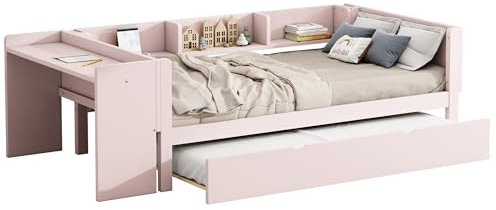 Azkoeesy Schlafsofa Funktionsbett mit Ausziehbett & Schreibtisch für Kinder/Erwachsene 90x200 | 90x190 cm - Gästebett Doppelbett Tagesbett mit Lattenrost und Ablage Farbe Rosa