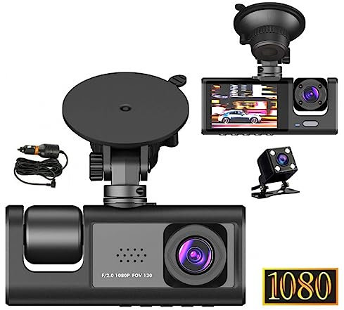 Dash Cam Front and Rear Inside, 1080P FHD Three Channels Dash Camera for Cars, WDR, G Sensor, Loop Recording, Parking Monitor, 24 Hours Recording