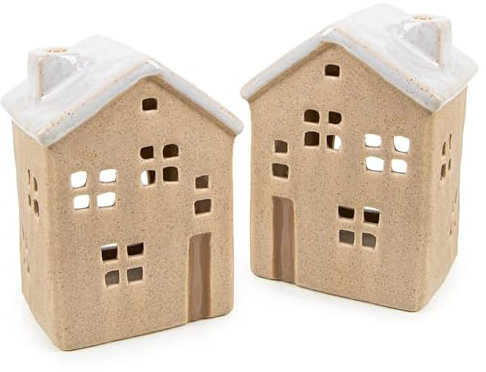 Logbuch-Verlag 2 Windlichter Haus Figuren beige weiß Frühling Sommer Deko Teelichthalter Balkon Terrasse Wohnzimmerdeko 14 cm