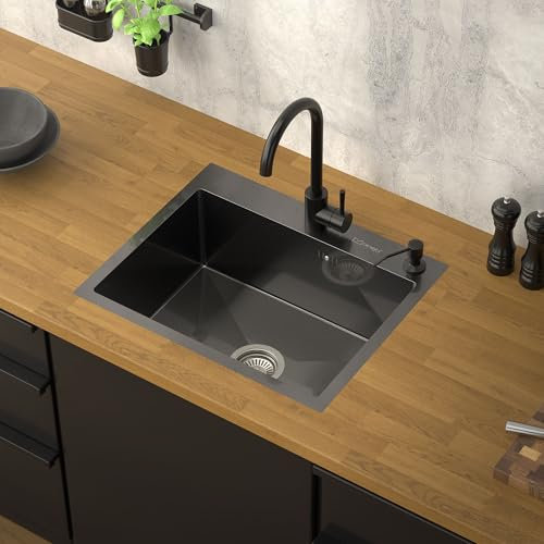 ML-Design Fregadero de Cocina de un Seno 55 x 45 cm Antracita Lavabo Sobre Encimera o Enrasado con Juego de Desagüe, Dosificador de Jabón y Rebosadero Cubeta de Acero Inoxidable Anti-condensación