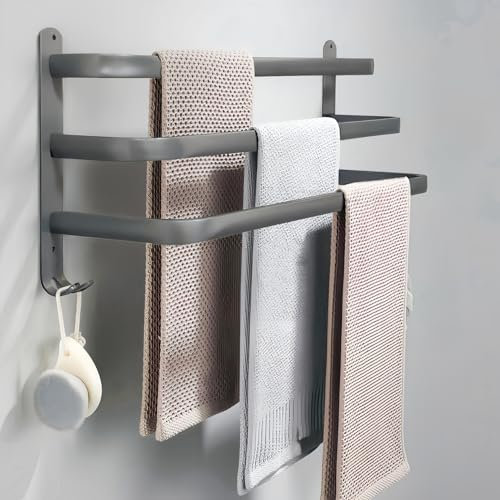 yozhch Grey Towel Rail with Hooks, 3-Tier Towel Rack Wall Mounted Bathroom Towel Holder, Nail-Free Adhesives/Drilling Installation, Aluminum