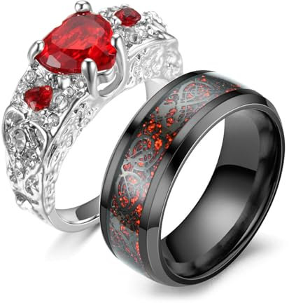 Beydodo Edelstahl Ringe Paare 2 Set, Verlobungsringe Damen Herren mit Herz Zirkonia und Keltische Drachen Trauringe Partnerringe Personalisiert Silber Gr.62 (19.7) + Schwarz Gr.57 (18.1)