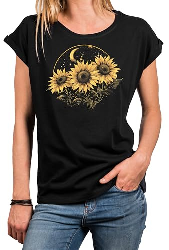 MAKAYA Blumenshirt Damen Sonnenblumen Shirt Sommer Oberteile Blumen Top Kurzarm