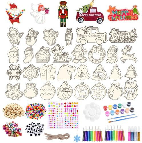 XSYKJGS 337 Stück Holzanhänger Weihnachten zum Bemalen Set, Bastelset Weihnachten Kinder 30 Arten weihnachtsdeko basteln mit Aquarellstift, Schnur, Pinsel Pigmente Palette