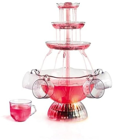 Fontana floreale da tavolo con base illuminata a LED a 3 ripiani, in plastica, con 5 tazze, ideale per torte nuziali, liquori, vino e bevande, fontana nostalgia