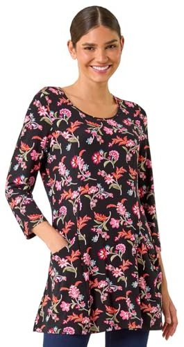 Roman Originals Swing Top with Pockets for Women UK Ladies Hanky Hem Asymmetric Tunic Blouse Longline Long Stretch Jersey Casual Round NeckTee Shirt T-Shirt - Noir Pink - Size 16