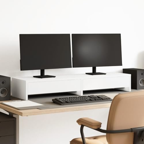 Gecheer Support de Moniteur avec Tiroirs Blanc Bois d'ingénierie, Rehausseur d'écran de Bureau avec 2 Tiroirs pour Ordinateur, Téléviseur, Imprimante, Appareils Multimédia