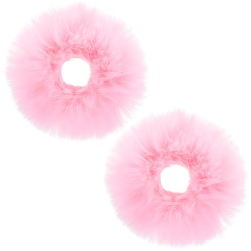2 gomas para el pelo con pompones de color rosa, coleteros de pelo sintético de conejo peludo, coleteros para coletas de bebé, accesorios para el cabello para niñas y mujeres (rosa)