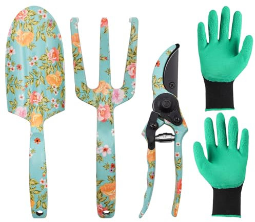 JNUYISW Set di Attrezzi da Giardino, 4 Pezzi Attrezzi da Giardinaggio con Stampa Floreale Incluso Cesoie da Giardino, Rastrello, Pala, Guanti Regalo per il Giardino per Donne, Amanti del Giardino
