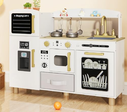INFANS Kids Kitchen Playset, Toddler Wooden Pretend Cooking Toy Set with Acrylic Drawing Board Ice Machine Dishwasher Cloth Drawer Stove Removable Sink Simulation Play Kitchen for Boys Girls