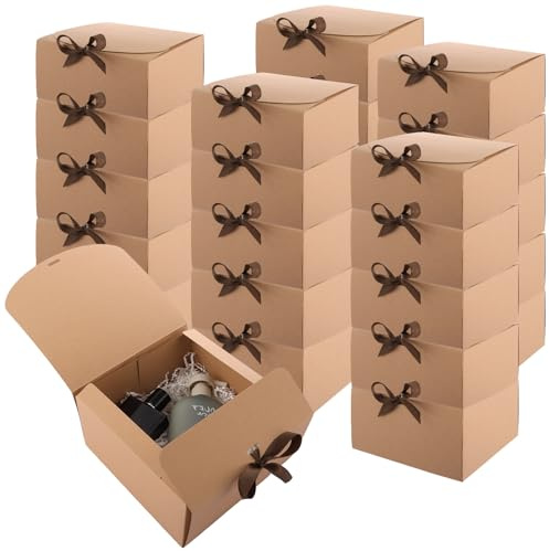 Oungy 25Pcs Large Gift Boxes with Lids, 20x20x10CM Paper Gift Box with Ribbon, Brown Empty Gift Box for Birthday, Wedding, Anniversary, Valentines
