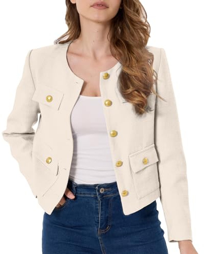 Damen Tweed Jacke Cropped Blazer Frühling Sommer Rundhals Business Arbeit Büro Plaid Jacke
