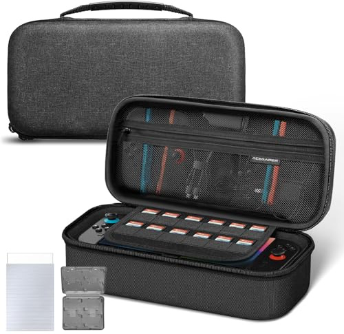 AceGamer Tasche für Switch 2，mit Displayschutzfolie und Spielkartenorganisator，Großvolumige Tragetasche für Zubehör wie Ladegeräte, Ersatzgriffe, Kopfhörer und Kabel，Schwarz