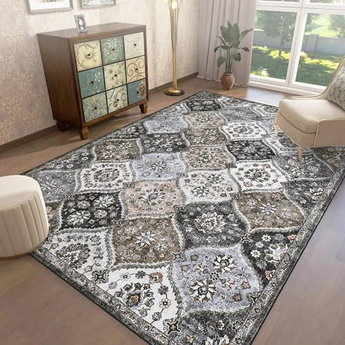 LuxFocus Teppich Wohnzimmer 160x230cm Vintage Blumen Kurzflor Grau Braun | ca. 6mm Ultradünn, Waschbarer Boho Teppich für Schlafzimmer Esszimmer Büro, marokkanisch, boho, floraler, rutschfest, faltbar