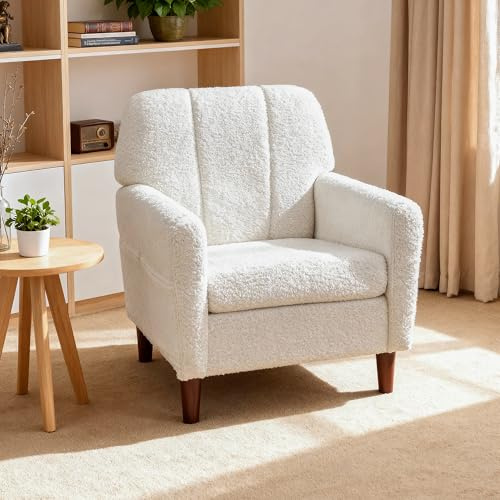 BonVache Modern Wollfleece Ohrensessel, Gepolsterter Komfortsessel fürs Wohnzimmer mit Zwei Seitentaschen, Für Wohnzimmer, Schlafzimmer und Lesezimmer, Weiß