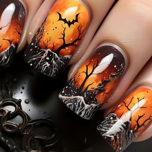 Viugex 24 Stück Halloween French Künstliche Nägel, Schwarz Nägel zum Aufkleben Mittel Quadratische, Horror Fledermaus Kunstnägel Press on Nails, Fingernägel zum Aufkleben für Frauen DIY Maniküre