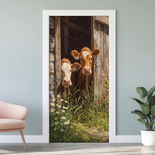 3D Kuh Bauernhof Türfolie, Bauernhaus Tiere Fototapete Selbstklebend Türaufkleber, 77x200 cm, Wildblumen PVC Wandaufkleber für Schlafzimmer Küche Wohnzimmer Badezimmer Deko W4v95
