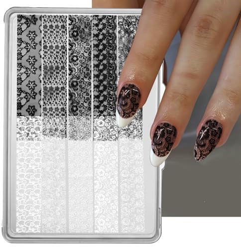 Zosutetoxo 10 Rollen Spitze Nagelfolien Transfer Aufkleber Schwarz Weiß Blumen Design Sternenhimmel Muster Nageldesign Folien für Maniküre