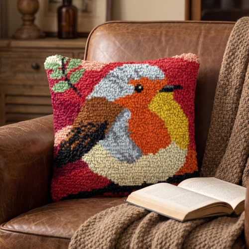 Xqzbmt Robin Cushion Latch Hook Cushion Kits for Adults Beginners, Pre-Printed Canvas DIY Embroidery Cushion Cover, 17x17in Rug Making Kit Home Sofa Festive Decor & Gift