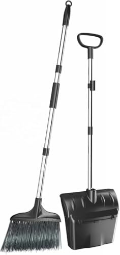 Long Handled Dustpan and Brush Set, Heavy Duty Upright Dust Pan and Broom Combo- Sweeping Brush and Dustpan Set for Residential and Commercial use -Garden Indoor Garages Lobby Home
