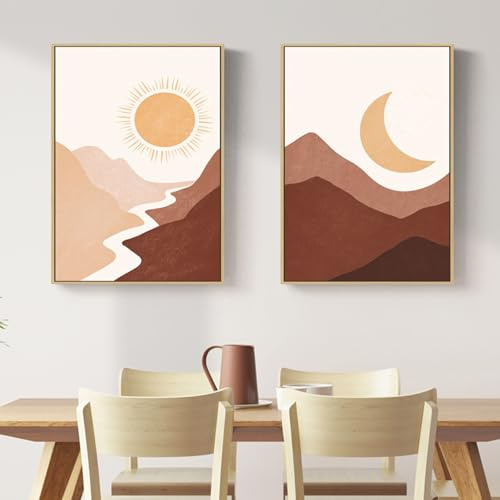 Xiyocadt 2er Poster Set, Abstrakt Geometrische Gebirgskette Sonne und Mond Wandbilder Wohnzimmer, Boho Bilder Deko Wanddeko,für Wohnzimmer Schlafzimme, ohne Rahmen (50x70cm)