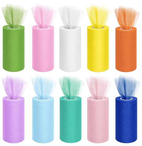 Bocguy 10 Farben Tüll Meterware, Tüllstoff 23m x 15cm pro Rolle, Tüll rolle, Tulle Fabric, Tüllband Bunt für BankettHochzeitsdeko, Tutu Röcke, DIY Basteln, Geschenkverpackung(Helle Farbe)
