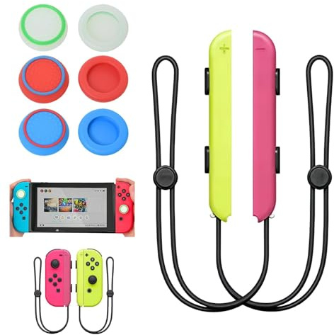 FinalCool 2 Paquetes de Switch Controlador de Correa con 6 Tapas para Joystick, Correa de Muñeca para Nintendo Switch JoyCon Controller, Elástico Ajustable Muñequera