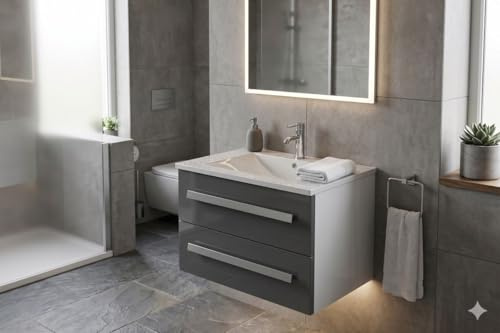 Jet-Line® Badset Arosa II Keramik Waschbecken Waschtisch Badmöbel mit Soft Close Hochglanz Grau 59 cm Breit für Badezimmer