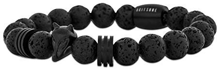 Akitsune Obsidian Perlenarmband | Premium Armband für Männer | Perlenarmband Herren mit Edelsteinen & Edelstahl Fuchs-Emblem | Tolle Geschenkidee - Schwarz Lavastein - 20cm