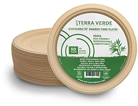 Terra Verde - Platos de papel desechables de fibra de bambú de 25 cm, redondos, paquete de 50 unidades, grandes, sin blanquear, color marrón natural, compostables, ecológicos, extra fuertes para