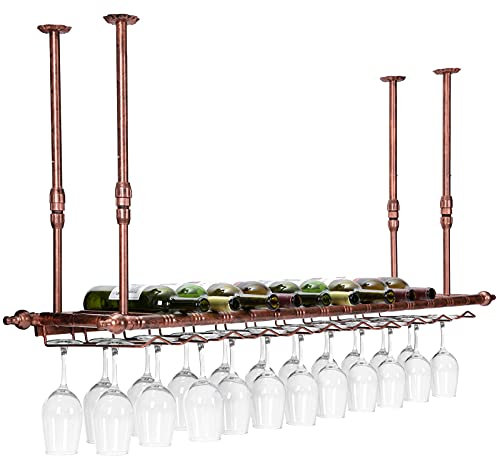 Wandmontage Weinregal, Metall Decke Flaschen Regal, Vintage Präsentieren Weinflaschenhalter mit Goblet Halter, für Küche, Bar und Unterschrank, Einstellbare Höhe und Breite, 120x30cm, Bronze