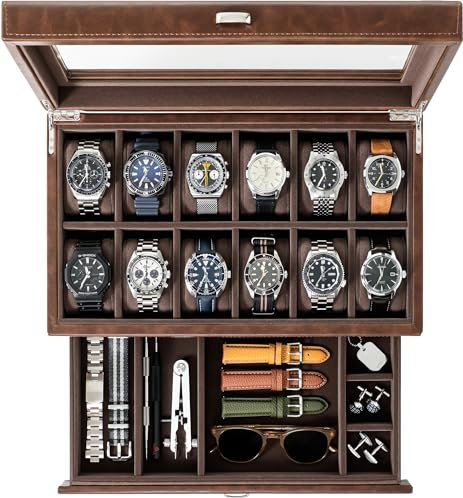 TAWBURY Uhrenbox 12 uhren – Uhren Box für Herren mit 12 Fächern | Uhrenkasten für Herren (Braun)
