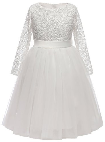 Aibaowedding - Abito da principessa, a maniche lunghe, in pizzo, per ragazze, gonna in tulle, per compleanno, feste, abito da damigella d’onore, 2-12 anni, bianco, 10-11 Anni