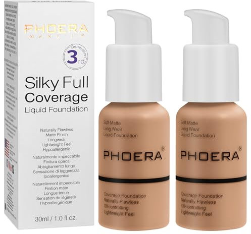 PHOERA Foundation,PHOERA Grundierung Makeup Concealer Full Coverage, Anti Aging Hydrating Serum with matte Natural lightweight Finish (2pcs- 105- Sand)
